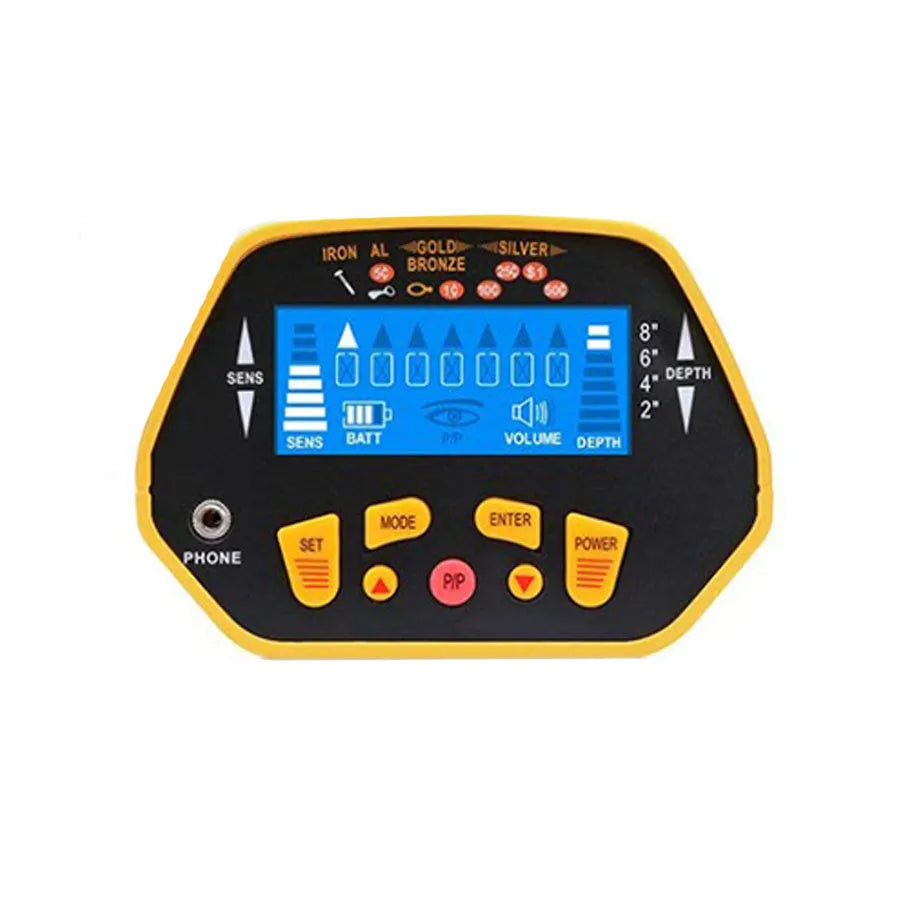 Black and yellow professional metal detector with LCD display and waterproof search coil