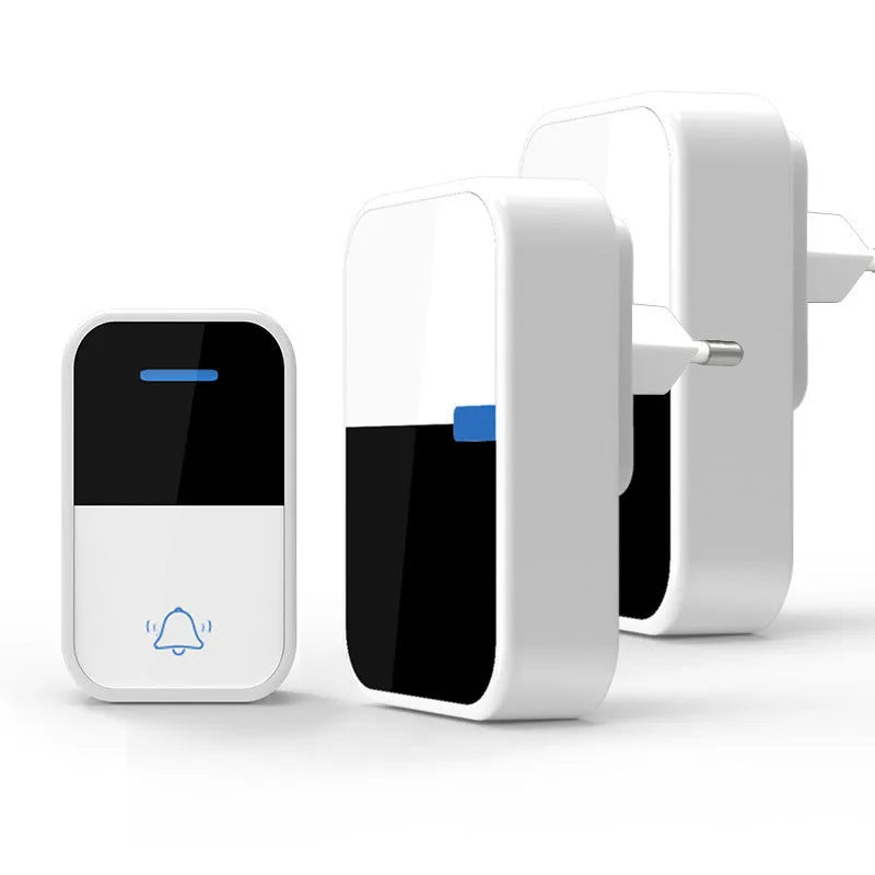 White plastic self-generating wireless doorbell with receiver and transmitter units showing modern design