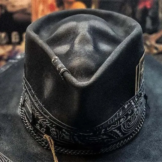 Black handmade wool felt skull hat with conical crown for Halloween costumes