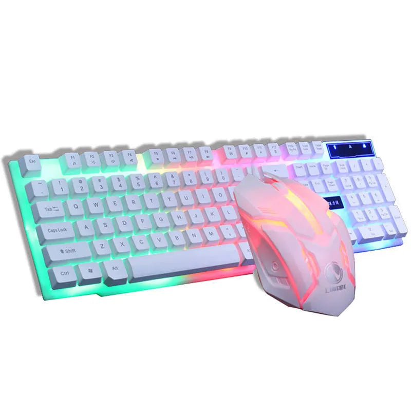 GTX300 black and white wired USB gaming keyboard and mouse set with backlit keys on a desk