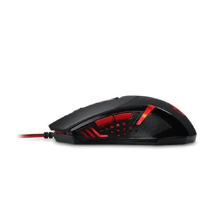 Black and red ergonomic USB wired gaming mouse with six buttons on a desk.