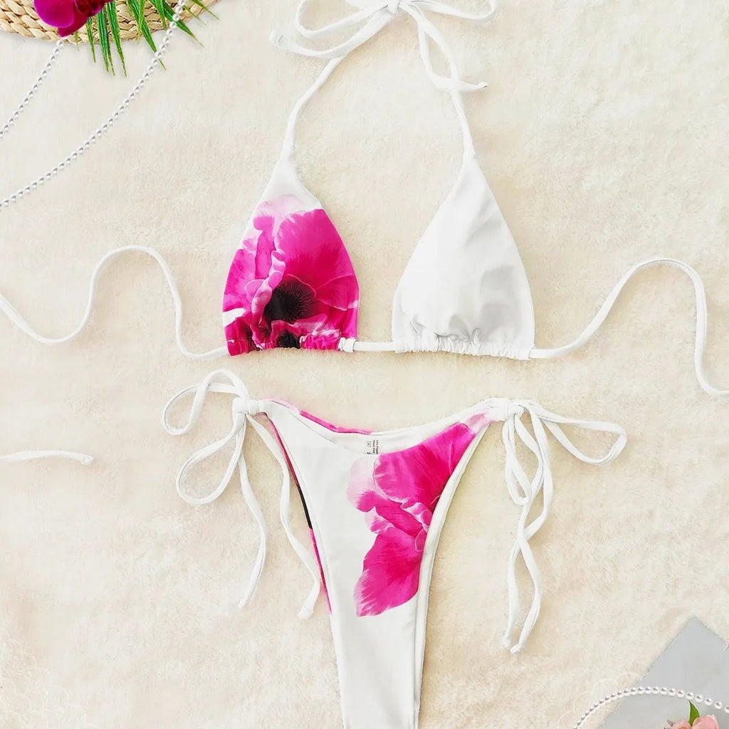 White printed bandage skirt bikini swimsuit three-piece set for women polyester beachwear