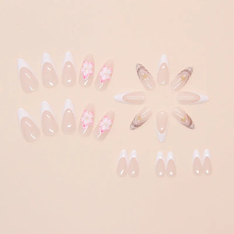 French style false nails with rock pattern flower designs in W1764 simple flowers colour pattern