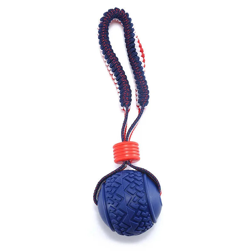 Blue dog ball with rope toy for small dogs on a white background.