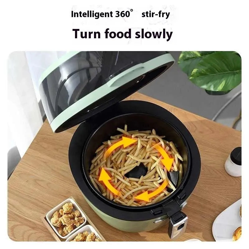 Air fryer oven with viewing window on countertop, showing 8-litre capacity and mechanical button controls.