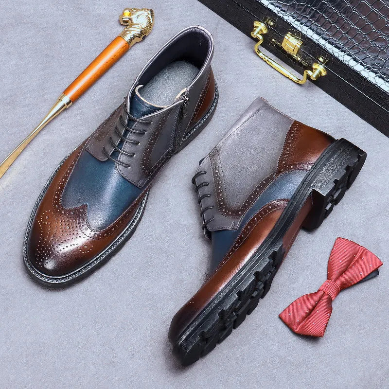 Men's coffee blue leather brogue ankle boots with vintage colour-blocking and decorative stitching.