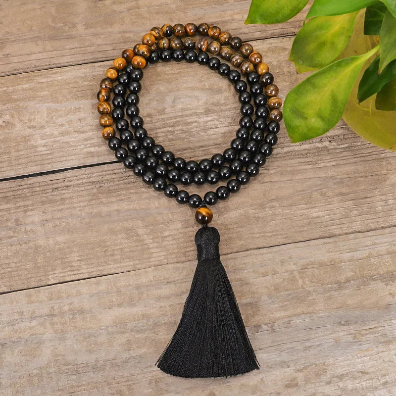 Tiger eye stone tassel pendant necklace bracelet with drop shape design and ball bead chain