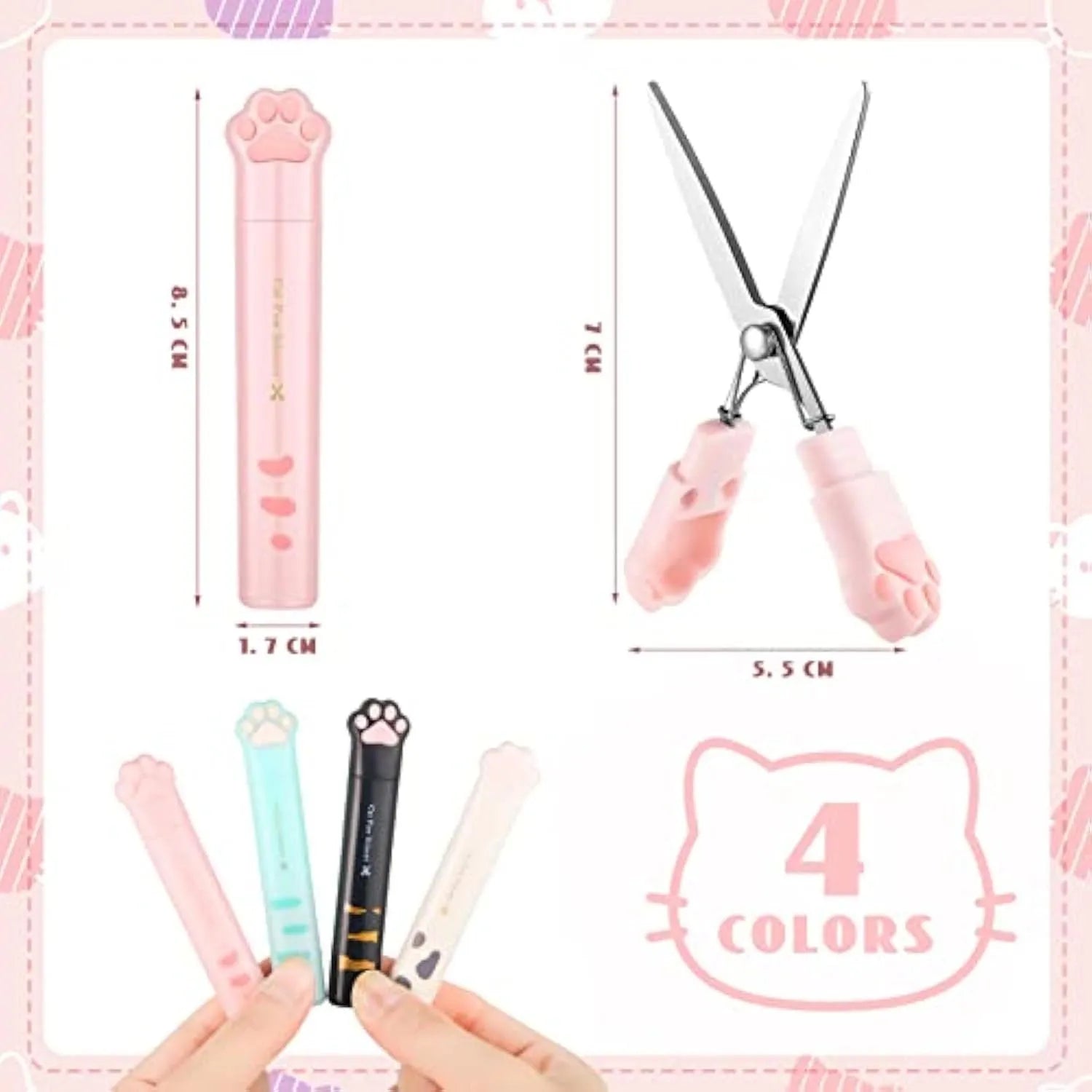 Folded cat paw mini scissors in stainless steel and plastic available in pink blue black and white colours measuring 8.7cm