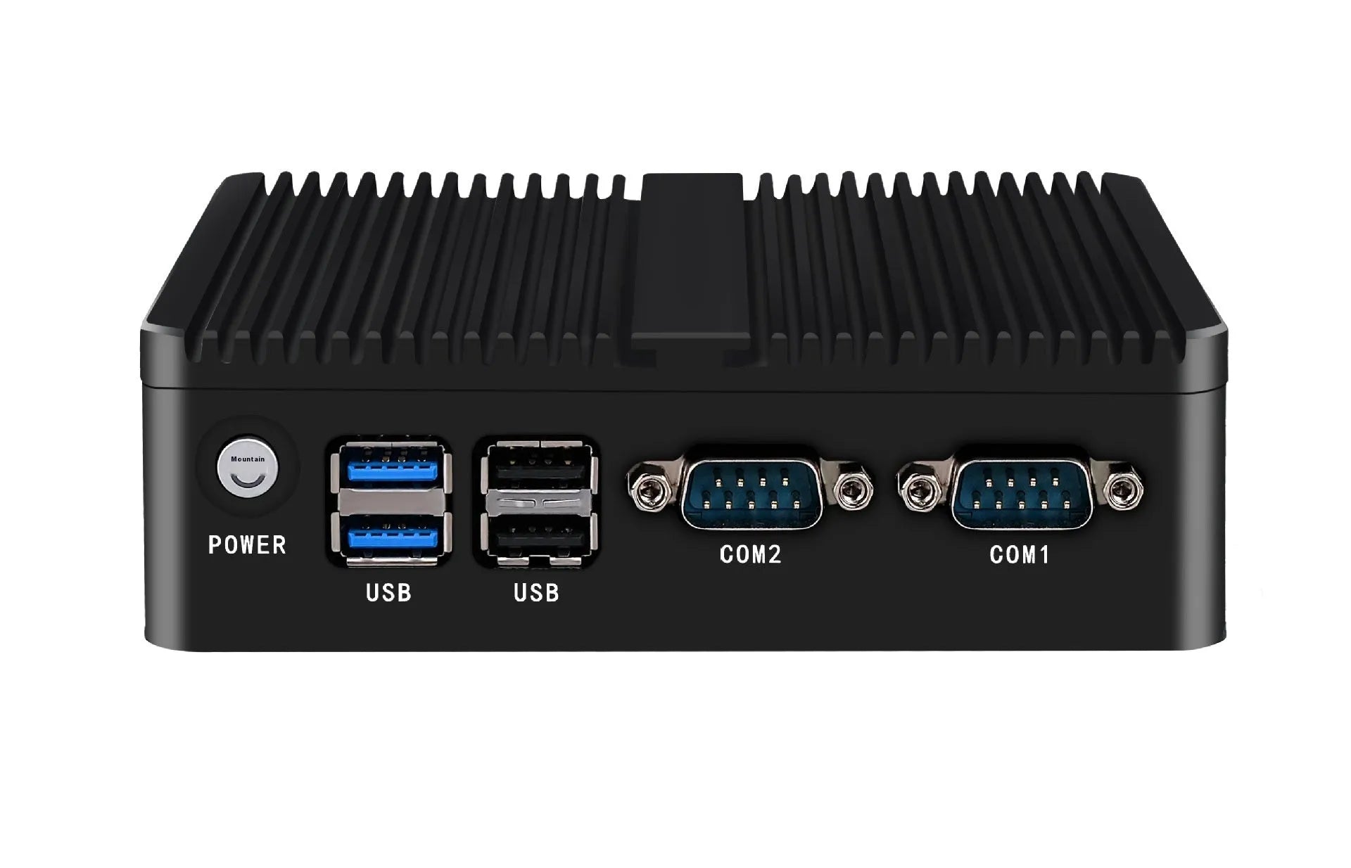 Industrial fanless mini host computer measuring 13.6x12.7x4cm with quad-core processor