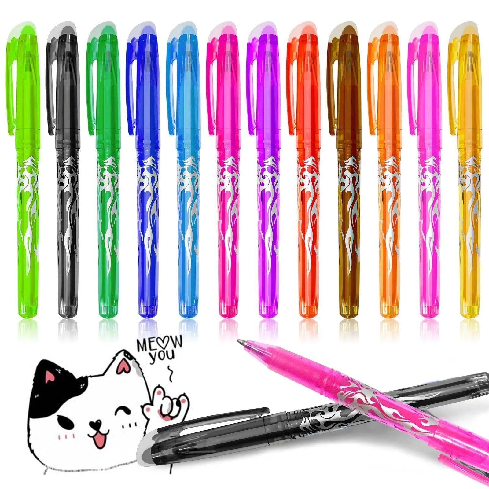 Heat-erasable gel pen set with plastic shells and stainless steel nibs in multiple colours for office writing