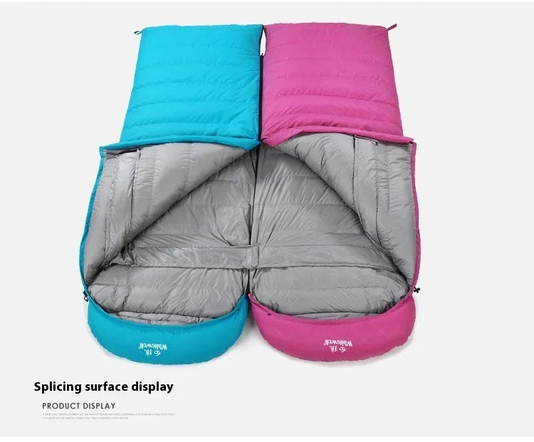 Black outdoor sleeping bag with white goose down filling and durable nylon fabric.