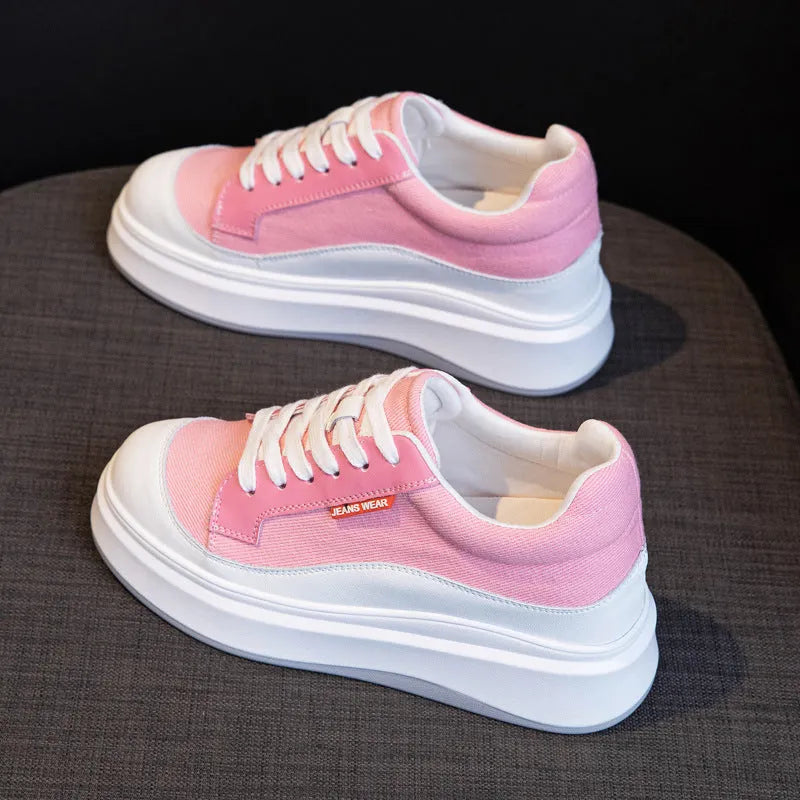 Women's pink leather platform shoes with thick soles for height increase