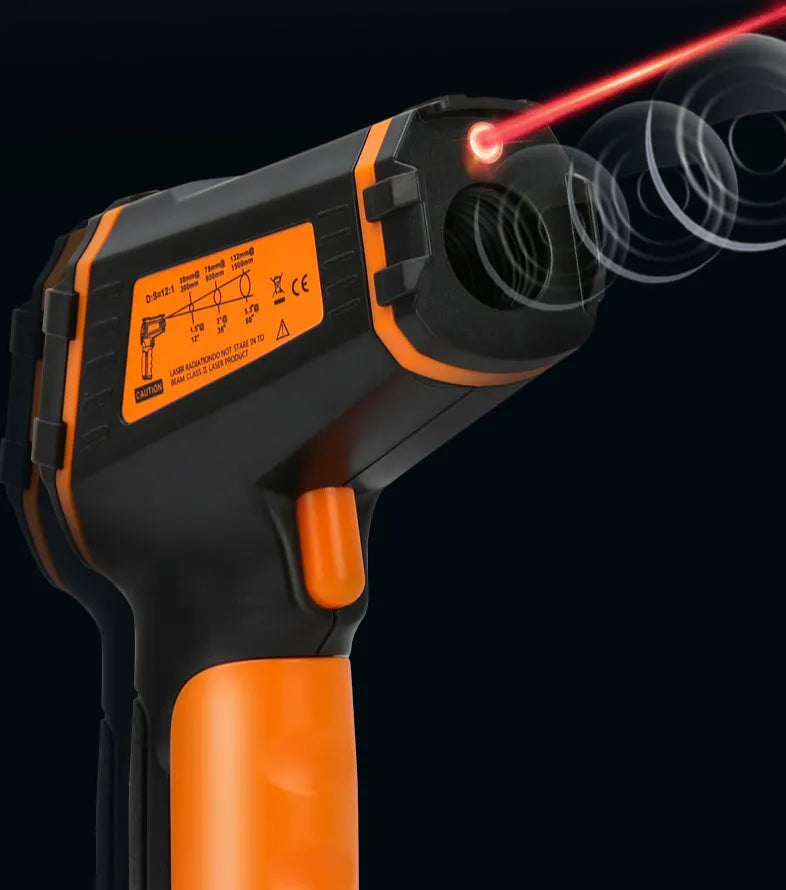 ST390A handheld infrared high temperature thermometer on a dark background.
