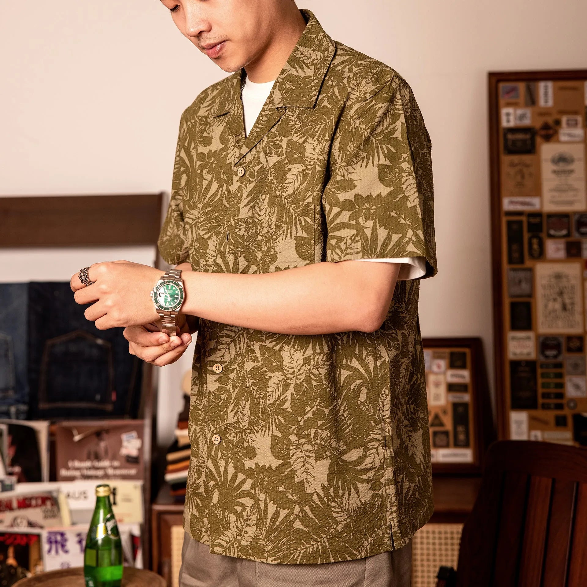Vintage floral print seersucker Cuban collar shirt in T184 green colour option showing loose fit design