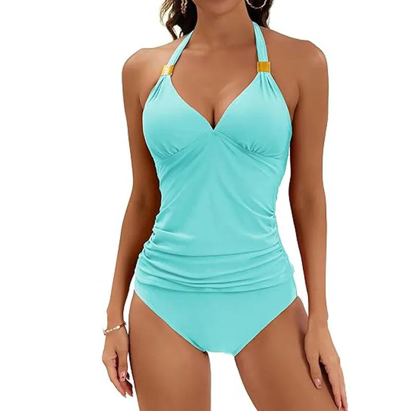 Women's red halter neck two piece swimsuit with split tie briefs laid flat.
