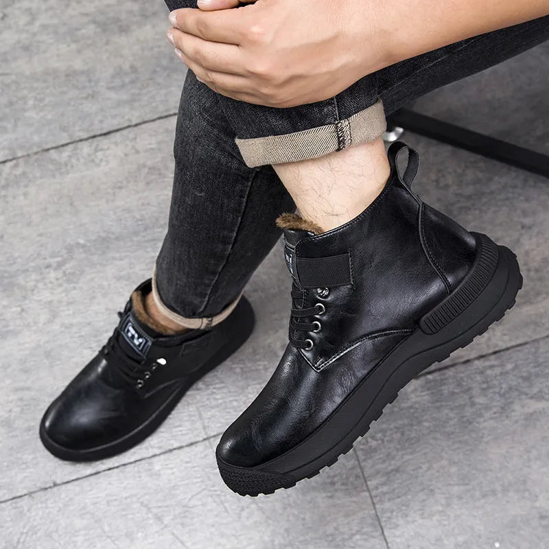 Men's black high-top platform Martin boots with velvet PU upper and rubber sole