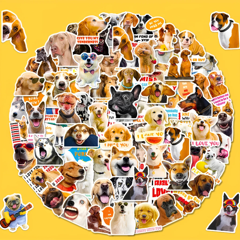Nordic style realistic dog facial expression stickers pack showing three colour-coded sets with canine designs
