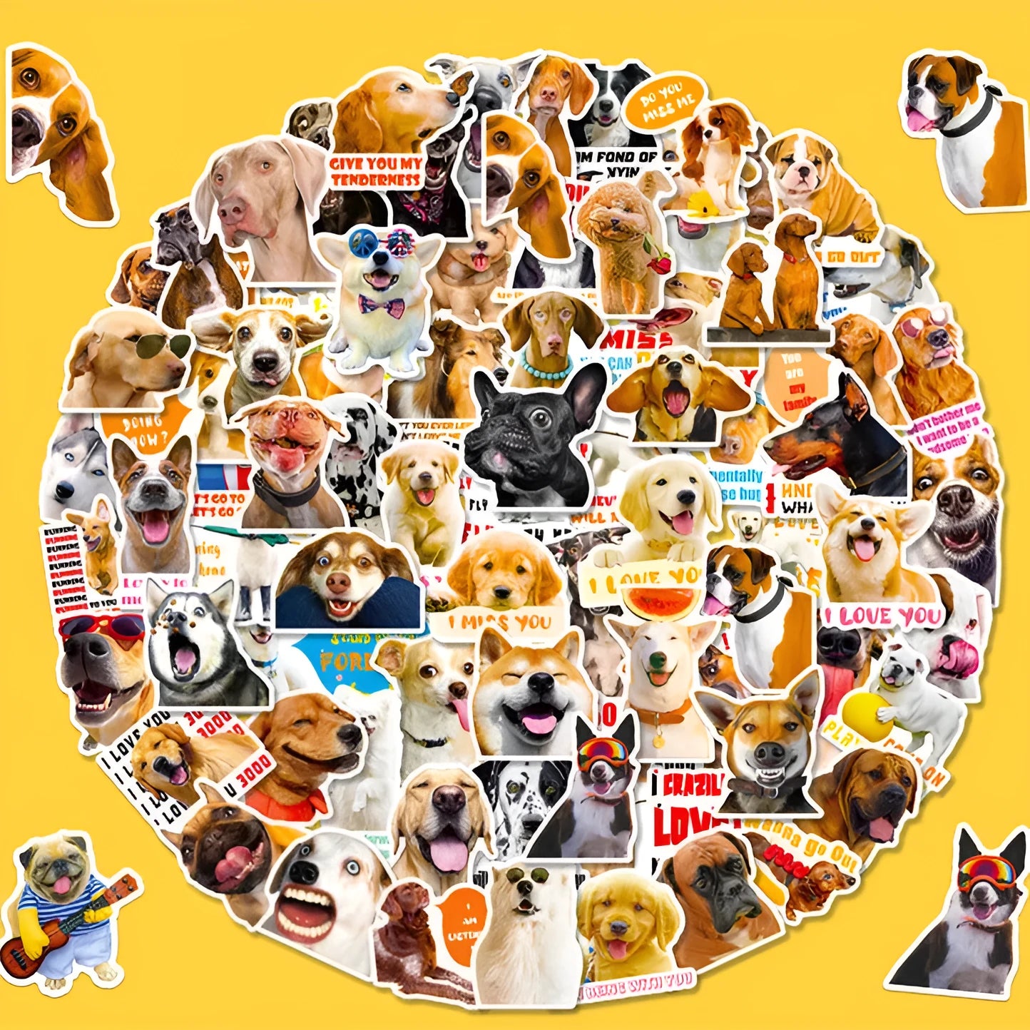 Nordic style realistic dog facial expression stickers pack showing three colour-coded sets with canine designs