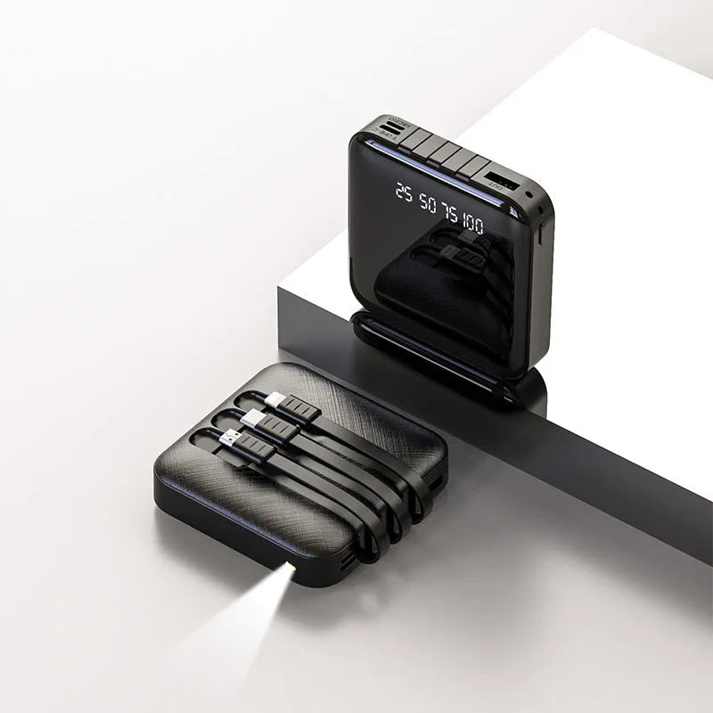 Square black power bank with integrated charging cable showing 80mm dimensions