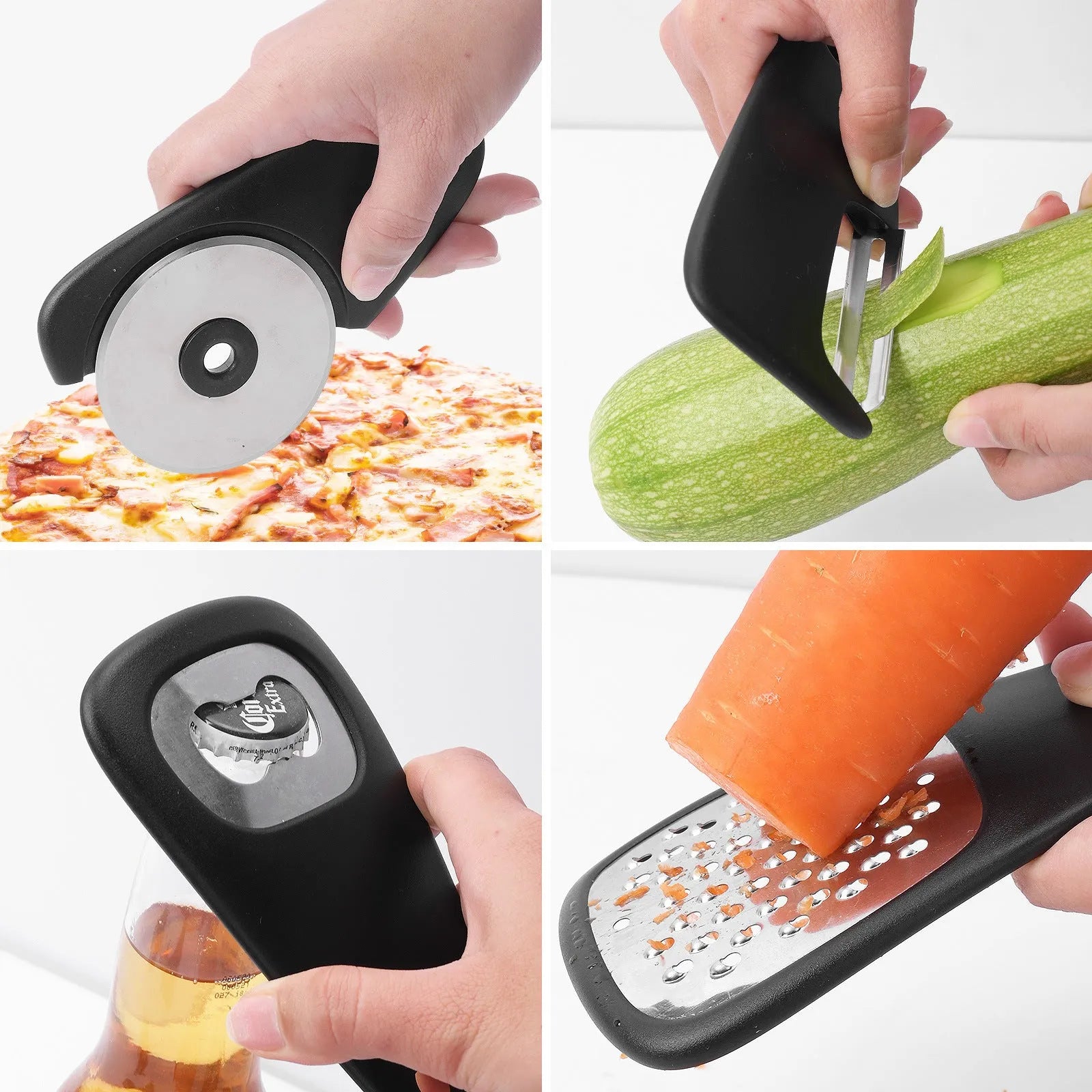 Six stackable kitchen gadgets with utility brush in modern design, made from PP plastic and stainless steel