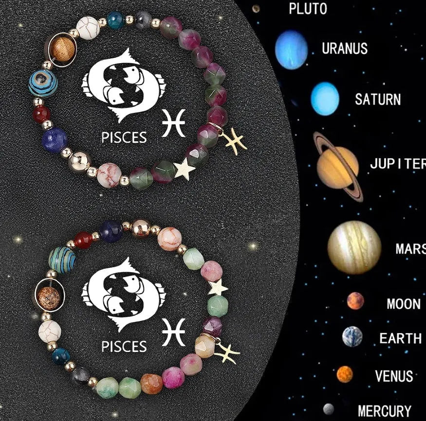 Two natural stone beaded bracelets showcasing zodiac sign designs on a selection card.