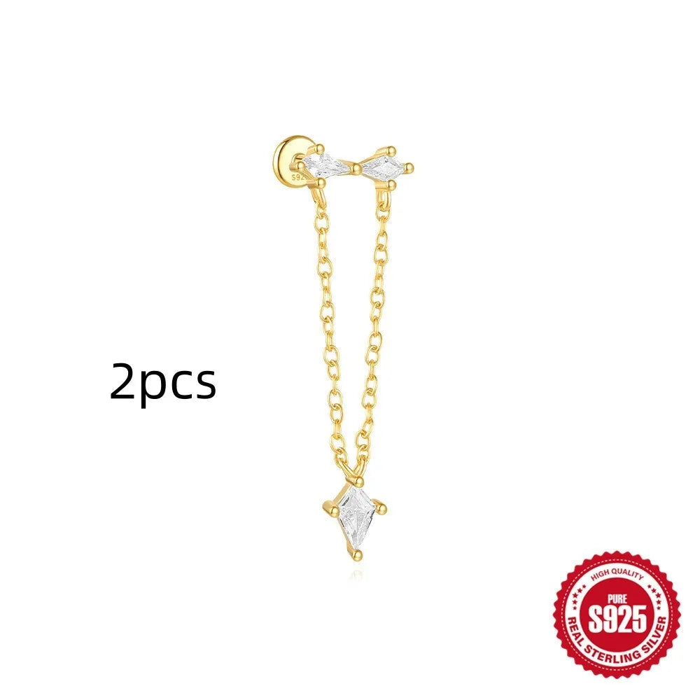 S925 sterling silver geometric kite earrings with rhinestones and chain tassel in gold tone