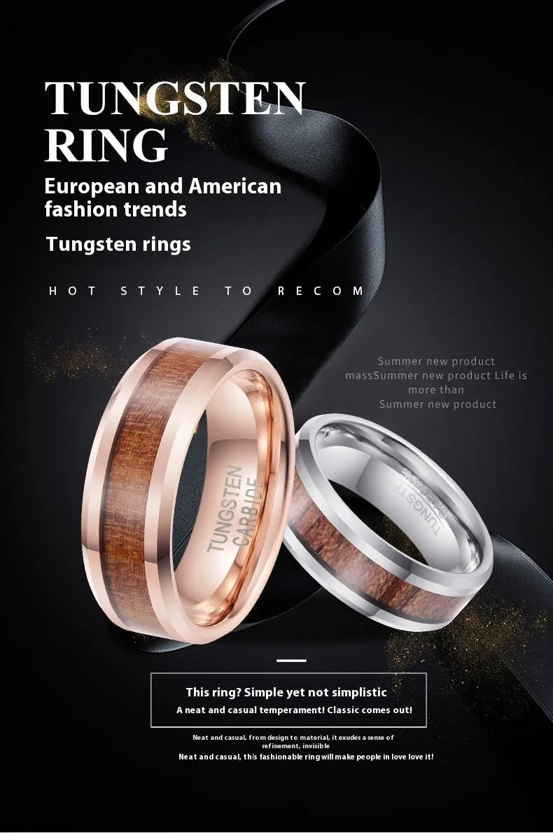 Men's U-shaped tungsten carbide ring in rose gold or steel finish, 8mm wide.