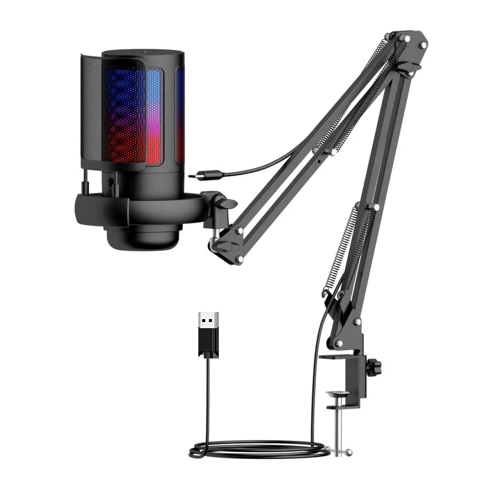 USB condenser microphone with colourful LED lights on cantilever stand for streaming and recording