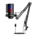 USB condenser microphone with colourful LED lights on cantilever stand for streaming and recording