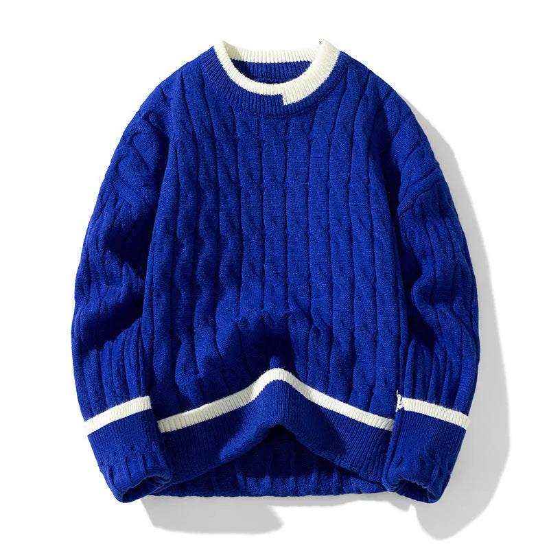 Men's loose fit two-piece acrylic modal sweater set in light blue, sporty pullover style.