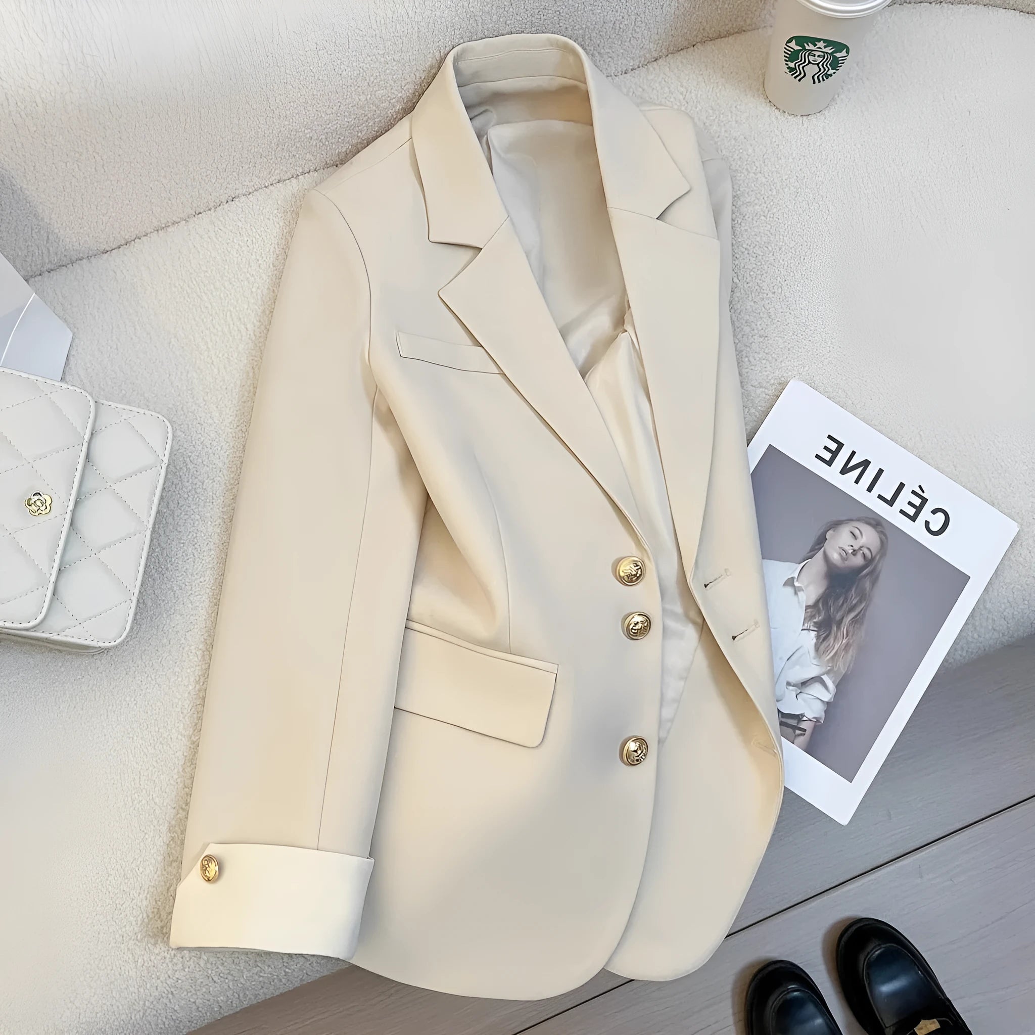 Women's loose fit coat in Korean style with 65cm length and pockets in milky white colour