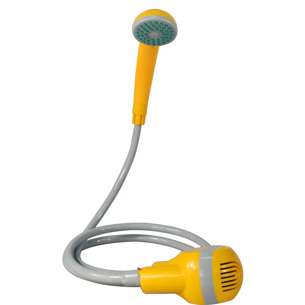 Portable outdoor electric shower in vibrant orange and yellow with ABS body and 1.8m PVC hose