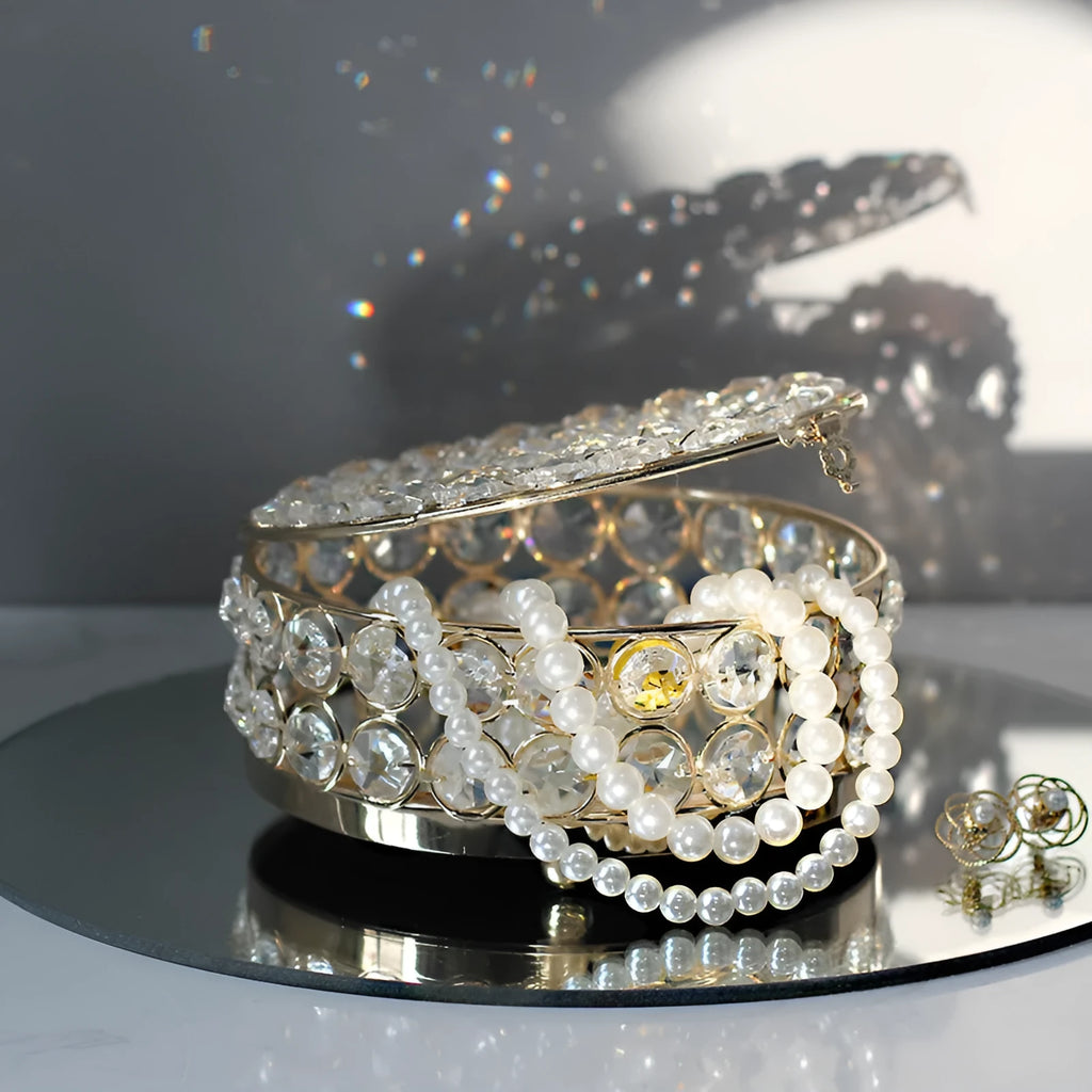 French gold European style jewelry box with transparent crystal glass and metal construction