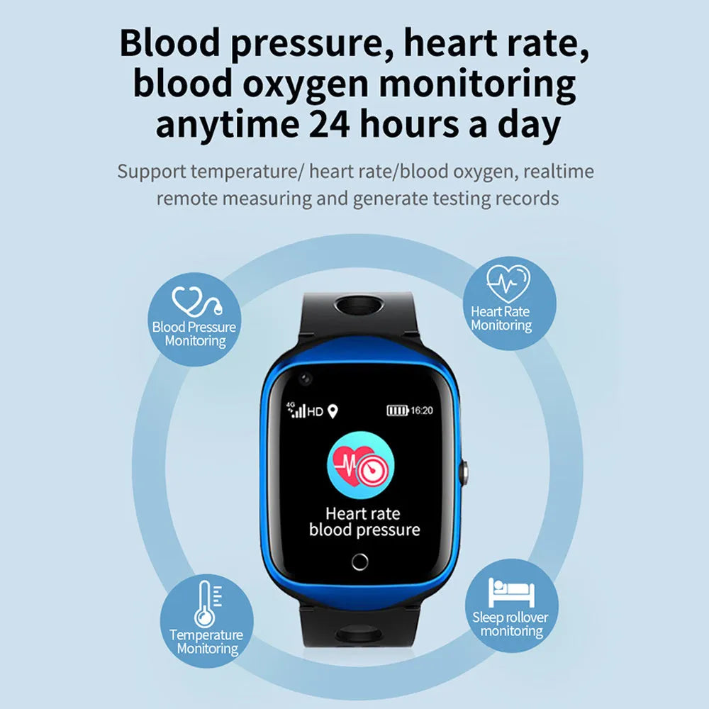 Square black GPS smartwatch for elderly positioning with a silicone strap on a wrist