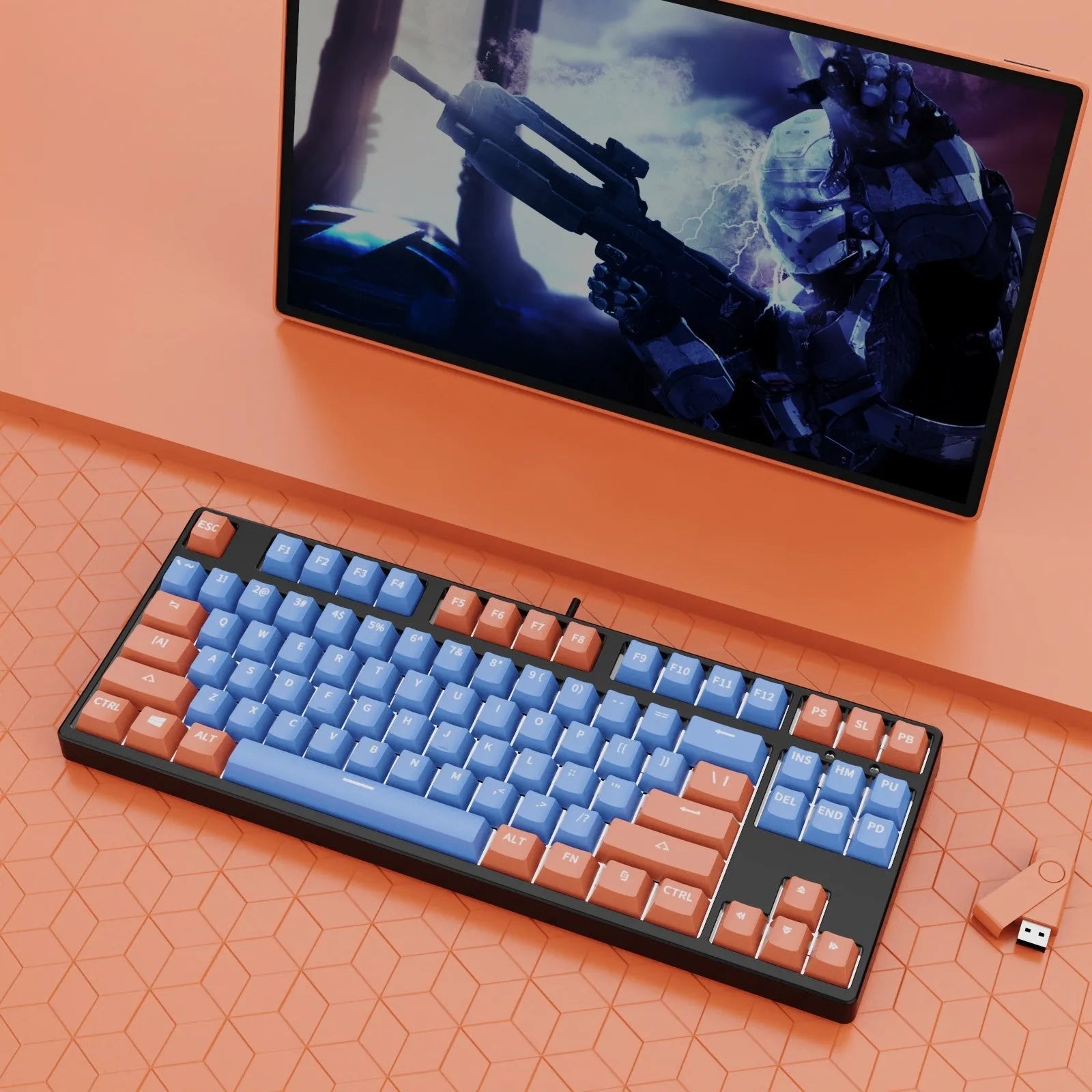 87-key wired mechanical gaming keyboard with hot-swappable switches shown in a two-tone colour scheme on a metal chassis.