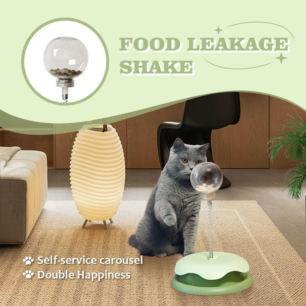 Blue cat treat dispenser toy with track ball design for slow feeding and entertainment