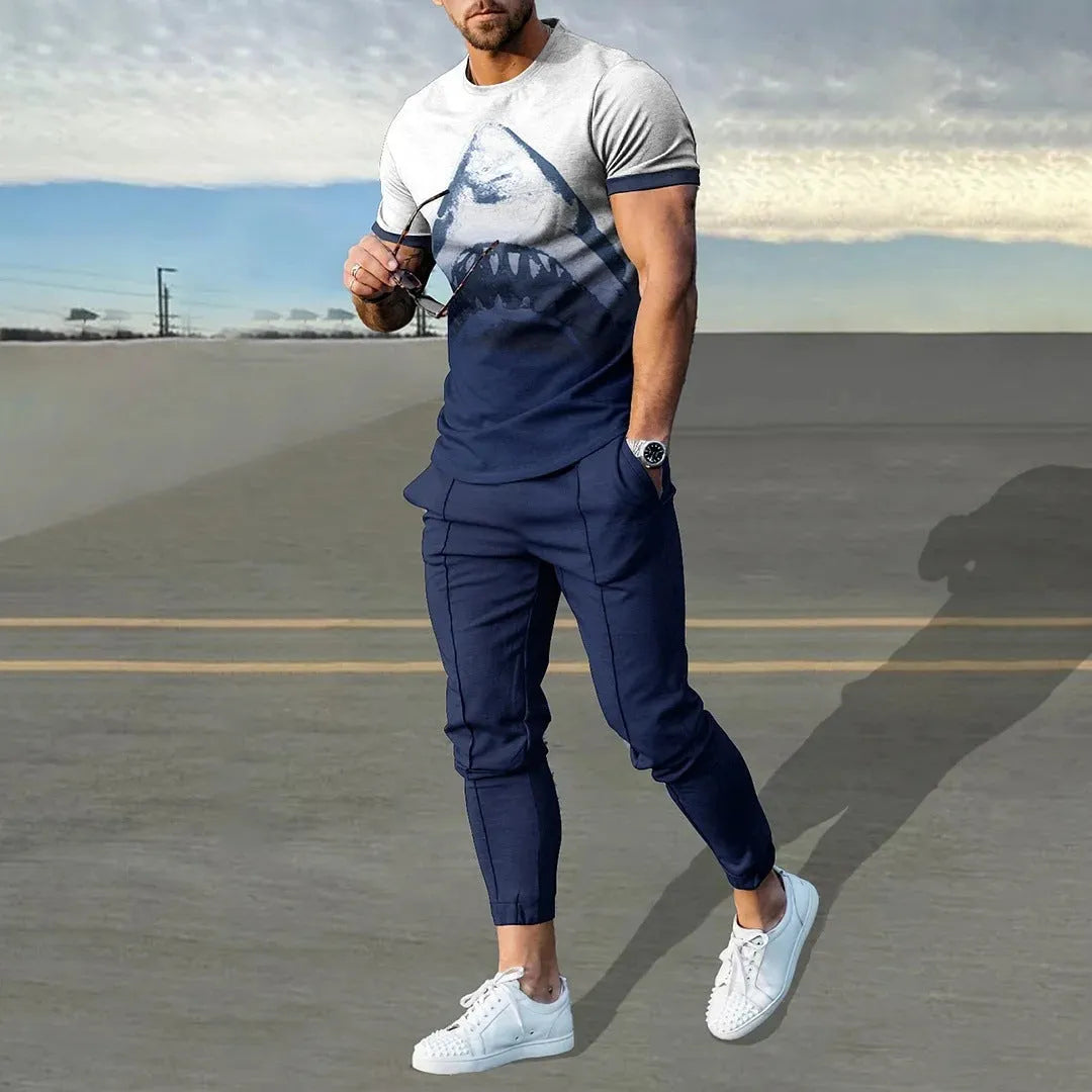 Men's short sleeve printed pullover and trousers set in thin polyester blend fabric for sports and casual wear