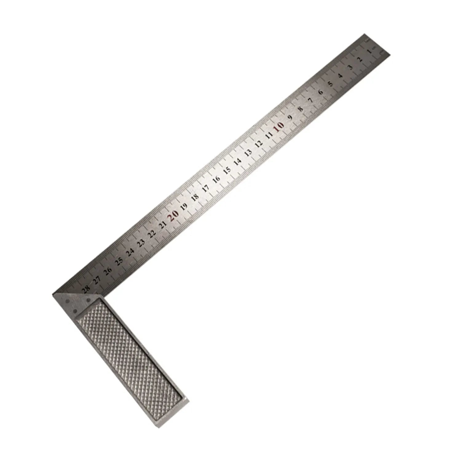 Red metal 7inch combination angle ruler with metric scale alongside base ruler in transparent storage bag