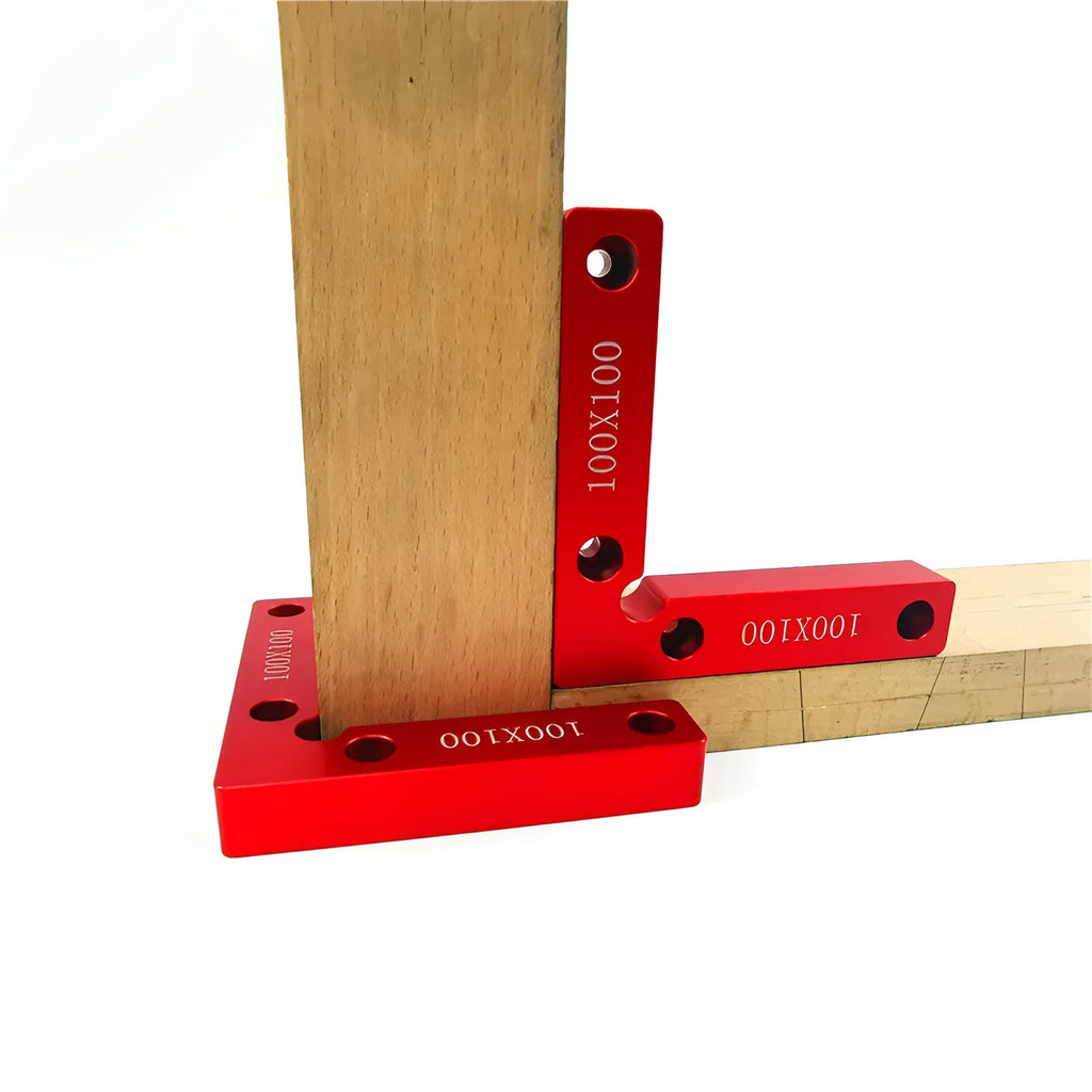 Aluminium right angle positioning block for woodworking jigsaw, showing scale and 90-degree clamp.