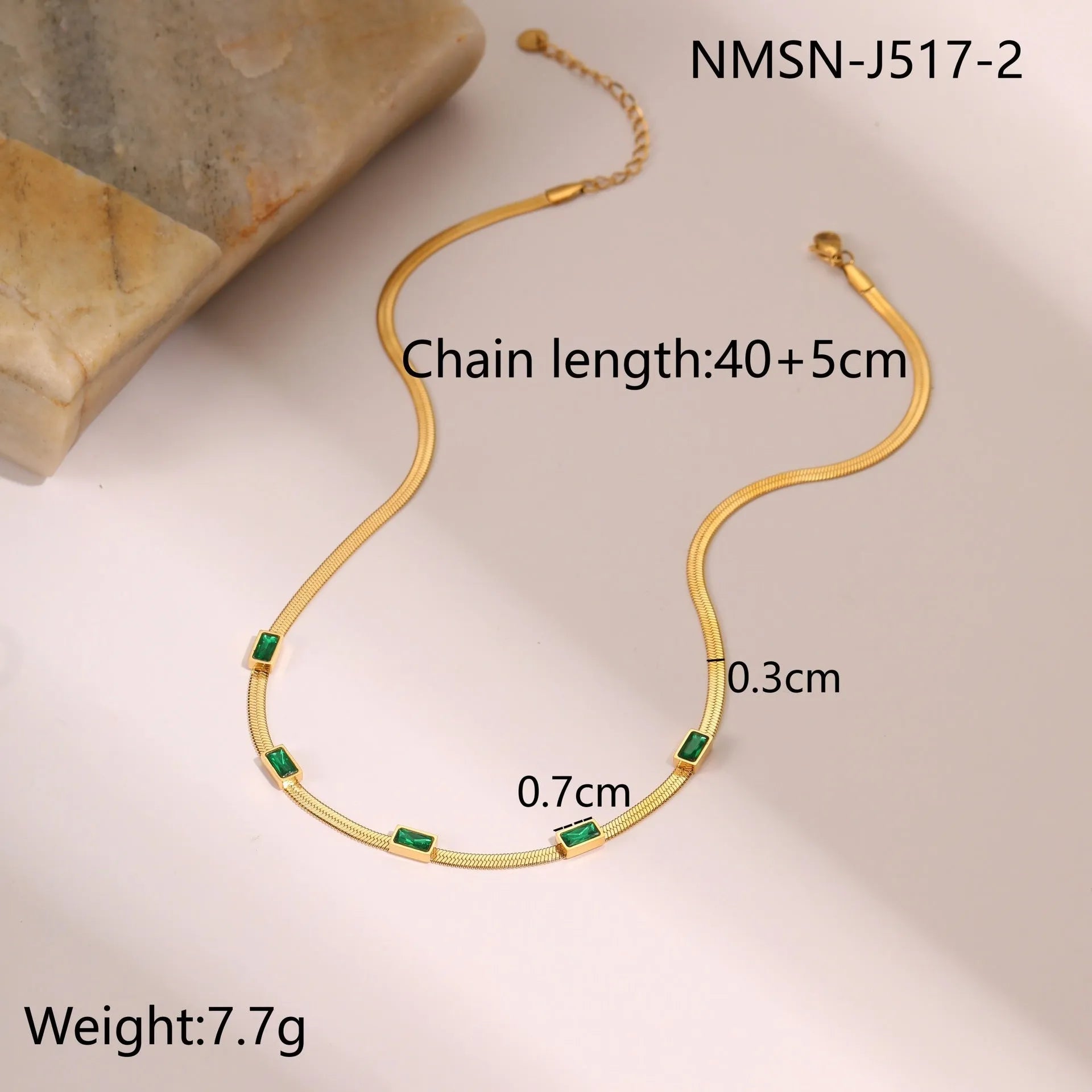 Geometric square zircon stainless steel necklace with flat snake chain and 18K electroplated finish