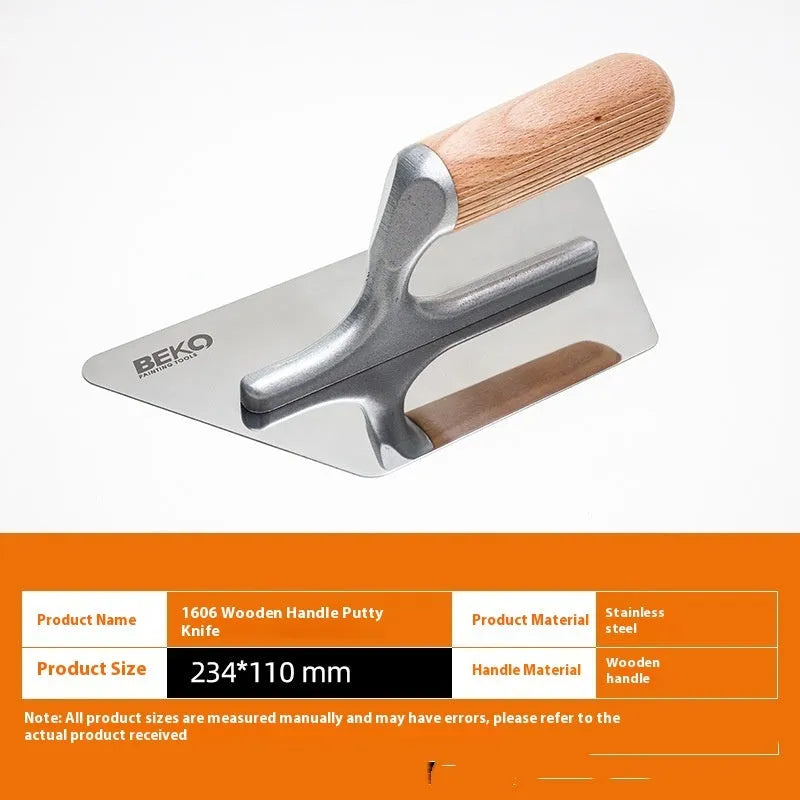 Stainless steel putty scraper with wooden handle shown in three different blade size options