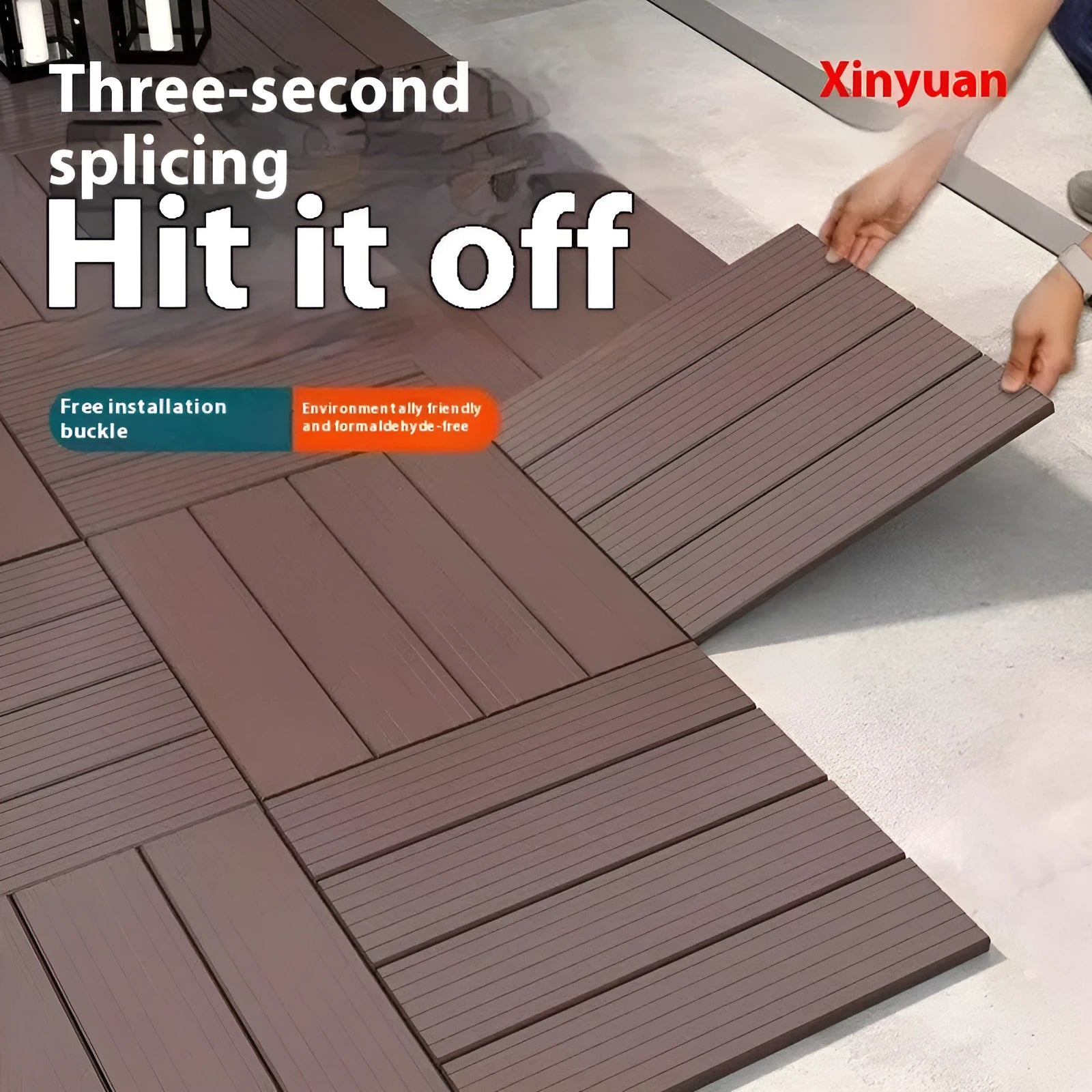 Pack of ten wood grain plastic floor tiles showing splicing edges and non-slip texture