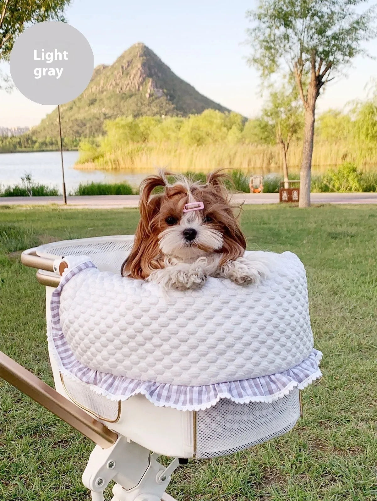 Pet stroller accessory set showing cotton anti-dirty towel, cushion, and pillow in a floral pattern.