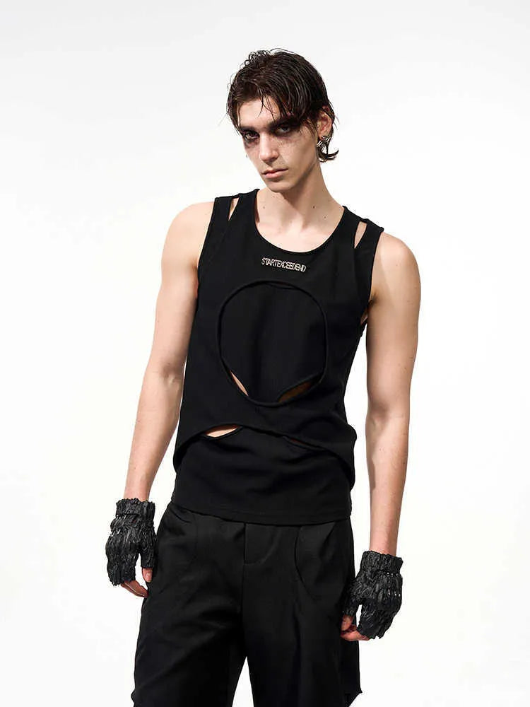 Men's black sleeveless waistcoat vest with a round neck and hollow white thread knit construction