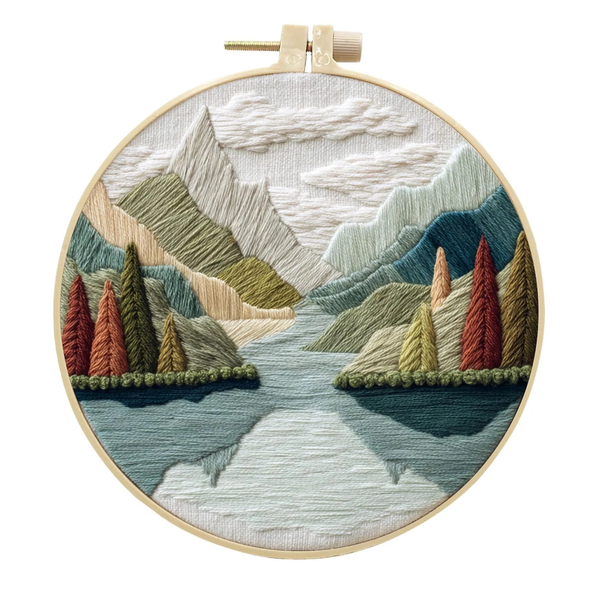 Landscape embroidery DIY kit with cotton linen fabric, 15cm imitation bamboo frame, and embroidery tools