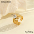 Women's geometric stainless steel ring with gold plating and inlaid zircon stones, shown in an open mouth free size design.