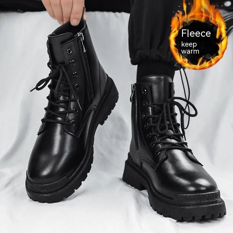 Men's black mid-top Tide British leather boots with a flat rubber sole on a neutral background.