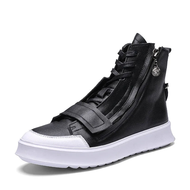 Black and white PU leather men's winter ankle boots in a high-top sneaker style on a size chart.