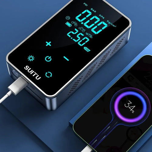 Wireless portable car tyre inflator pump with LCD screen and Type-C charging cable