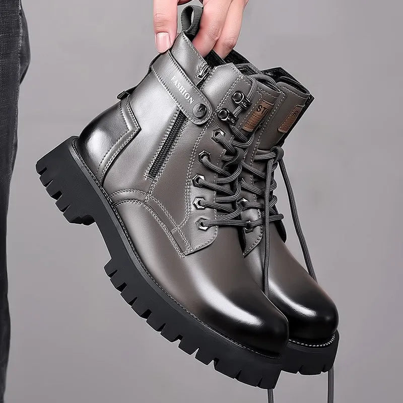 Men's light brown thick-soled high-top Martin boots with side zipper and round toe design